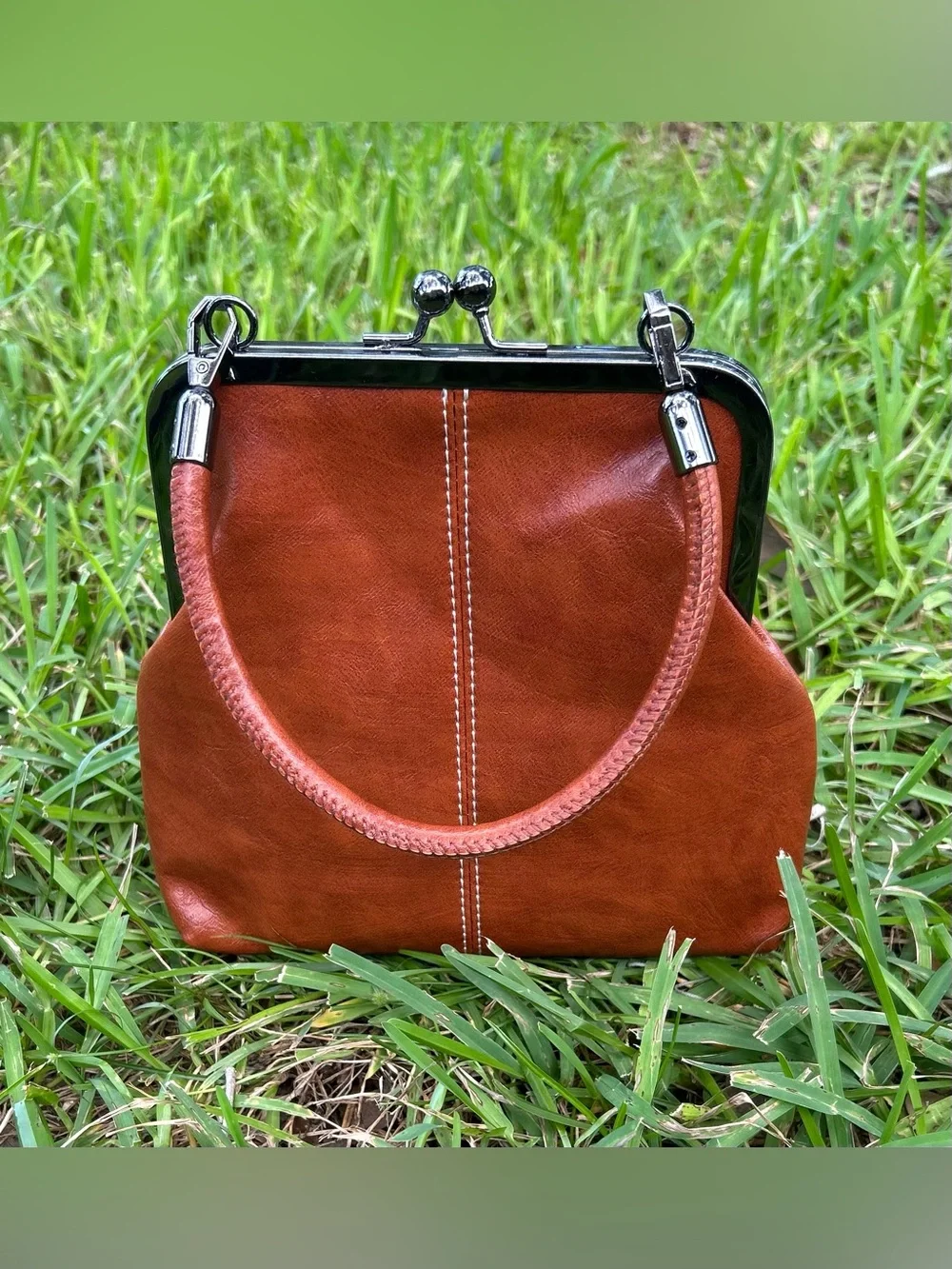 Classic Brown Leather Kiss-Lock Handbag - Women's Bag